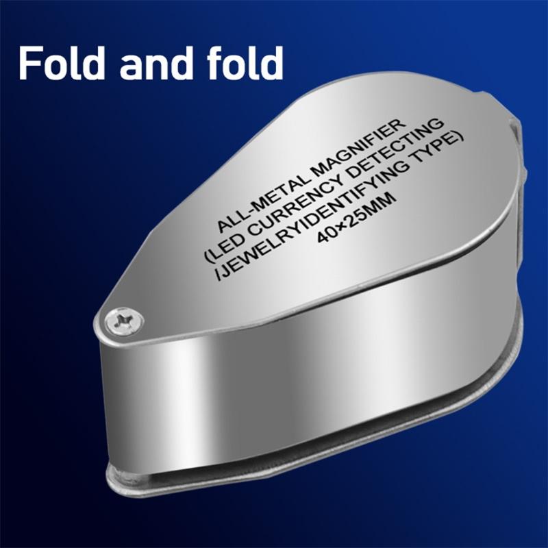 40X Full Metal Illuminated Jewelers Magnifier Best Pocket Folding Magnifying Glass Jewelers Lens Eye Loupe with LED