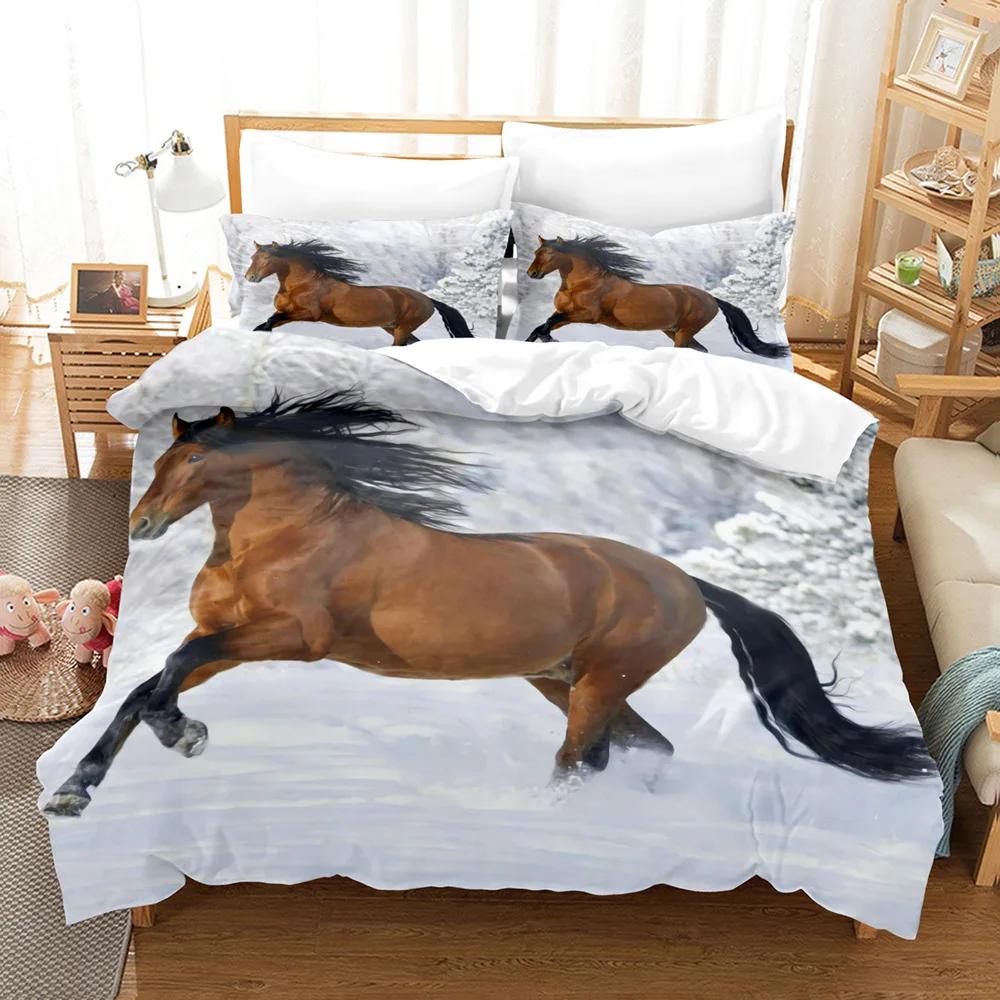 Horse Duvet Cover Set White and Brown Horse Print Bedding Set Wild Animal Pattern Farmhouse Cowboys Queen Polyester Quilt Cover