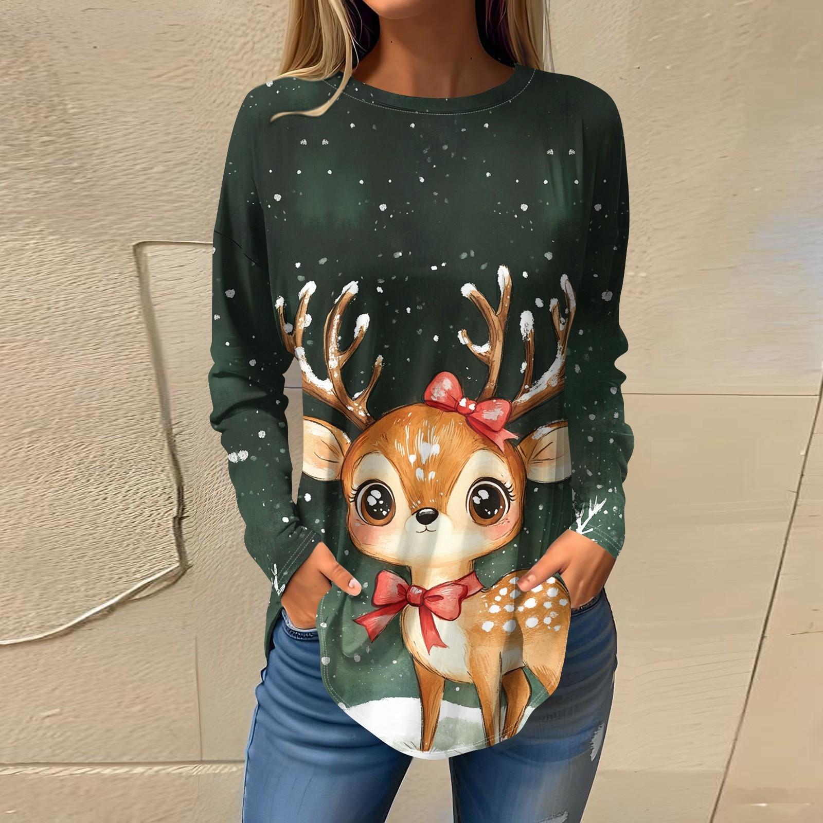 

Футболки для жінок осінні повсякденні сорочки з довгими рукавами Світшоти Вінтажний пуловер із різдвяним принтом із зображенням S