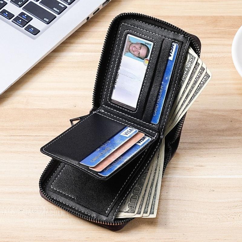 Portefeuille court pour homme en cuir PU Portefeuille pliant à fermeture éclair sur tout le pourtour Multiples emplacements pour cartes Fenêtre pour pièce d'identité Poche à monnaie Porte-billets Portefeuille compact