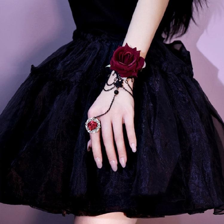 Fingerless Rose Flower Gloves Gothic Chain Wrist Guard Cuff Sleeves Halloween DressUp Wristband