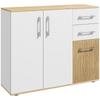 Buffet, opbergmeubel met 3 deuren, 2 lades en verstelbare plank, 90 x 30 x 75,5 cm, wit en natuurlijk hout