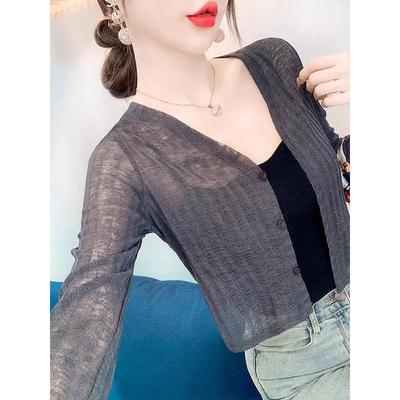 Women's Beige Sheer Knit Cardigan Long Sleeve Cropped Open Front Casual Sun Protection Top
