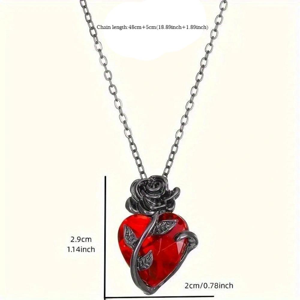 Cute Rose Decor Red Heart Shaped Pendant Necklace, Christmas Holiday Gift Birthday Gift For Teen Girls