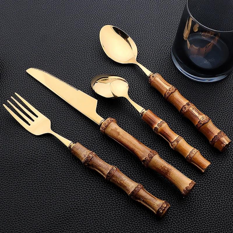 Set di posate da 16 pezzi in acciaio inossidabile con manico in bambù naturale, stoviglie, posate da cucina, include forchette, cucchiai, coltelli, posate da tavola