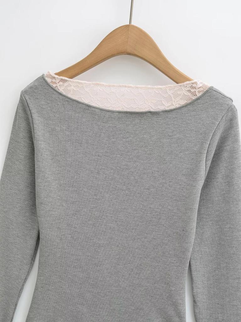 Lace Patchwork V-Neck Two-Piece Long-Sleeve Slim-Fit T-Shirt for Women - Spring/Autumn