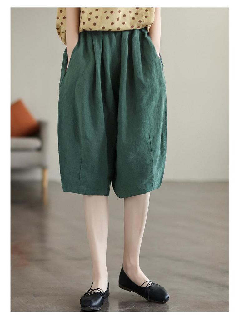 W magazynie: Damskie letnie spodnie retro z bawełny i lnu - Elastyczna talia, Design pięciopunktowy, Rozmiar plus, Styl casualowy