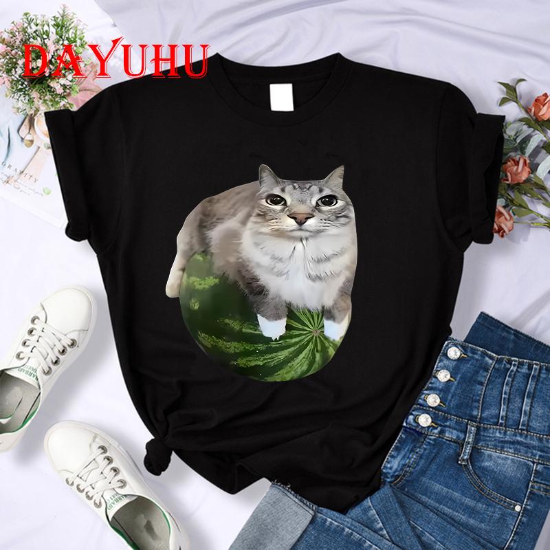 Female Funny T Shirt Watermelon Cat Silly Cat Meme T-Shirt A Hilarious Watermelon Print Shirt Is A Stylish Top Women