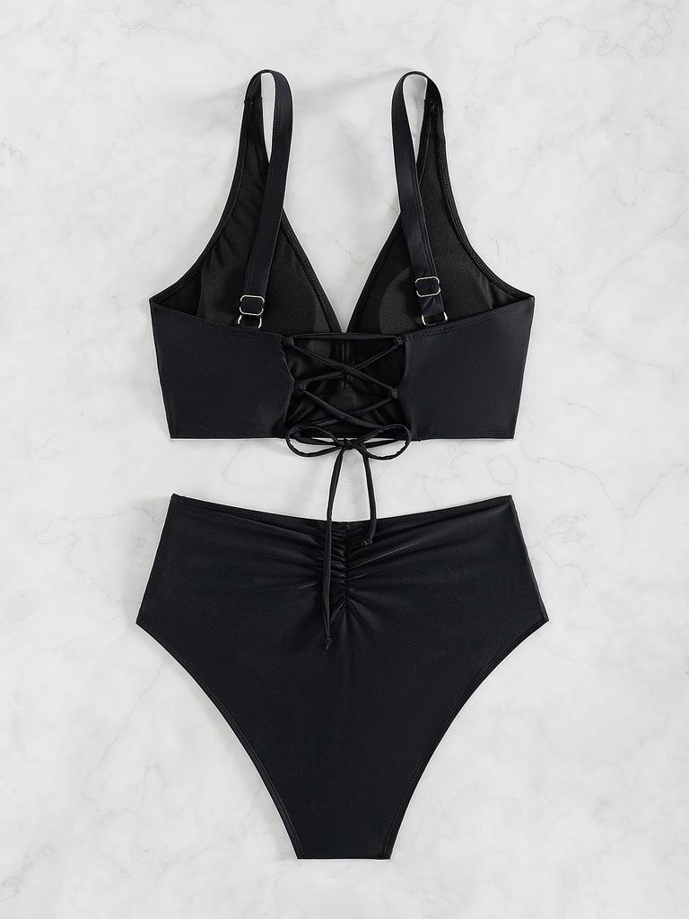 Solid Ruched High Waist Sexy Bikini Set Elegant Slimming Two Piece Swimwear