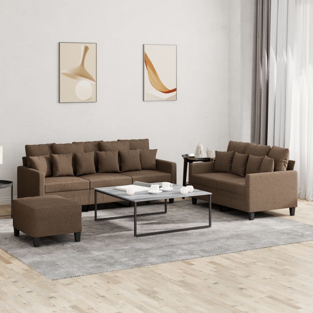 3 Piece Sofa Set with Cushions Brown Fabric