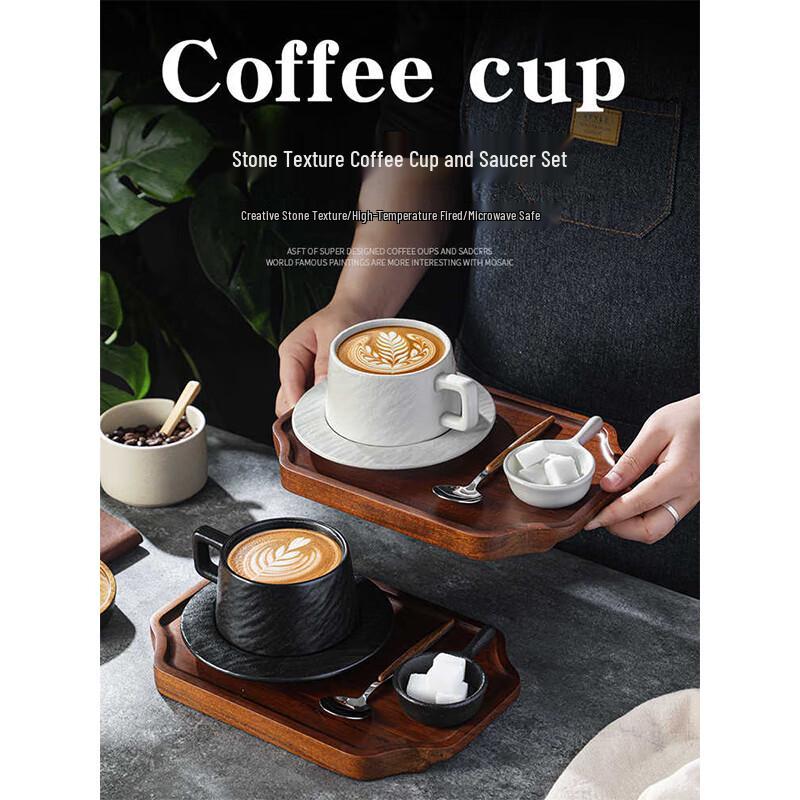 VAKADA Ceramic Coffee & Tea Cup Set with Acacia Tray