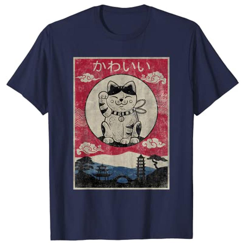 Vintage Kawaii Cat Anime Japanese Gift Girls Boys Teenager TShirt Top Y2k Cartoon Graphic Aesthetic Clothes Novelty Personality