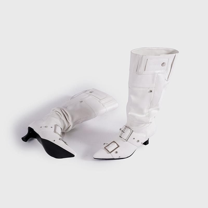 

Pointed metal buckle big tube heap boots retro small high heel fashion boots Spice girl long boots women 40 белый