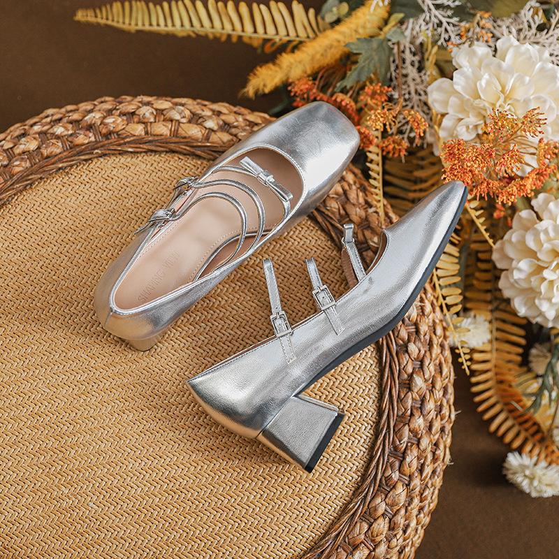 Elegant Thick Heel Square Head Mary Jane Shoes Fairy Style Gentle Single Shoes Children Spring and Autumn 2025 New Silver Double Buckle Belt