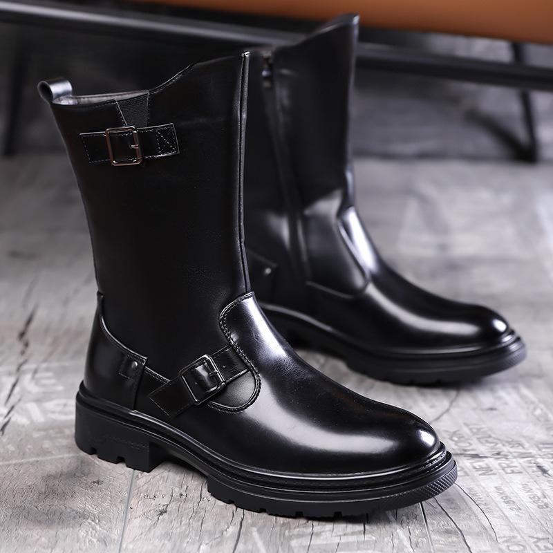 2026Men's Boots High Quality Patent Leather Mid-calf Boots Fashion Motorcycle Boots Men's High-top Knight Boot Botas Para Hombre