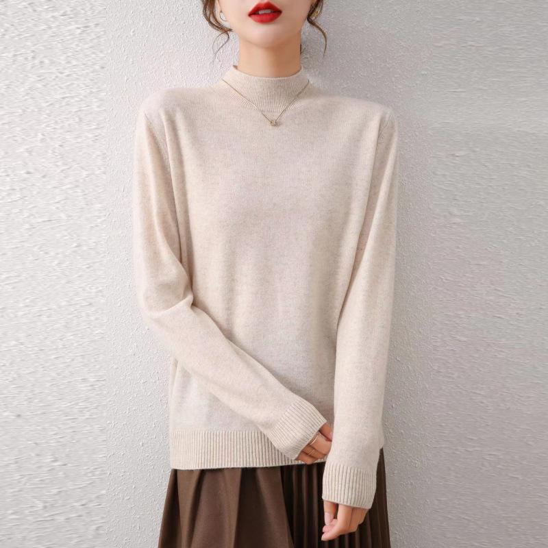 Women's Autumn/Winter Wool Sweater - Half-High Round Neck, Warm Knit Pullover, Ideal Base Layer