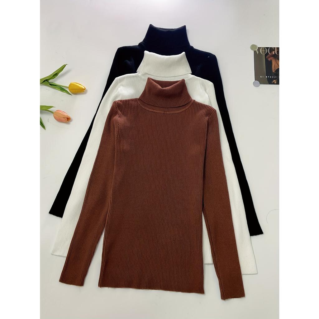 Golf 3 szt. Dzianinowy sweter pulower, Casualowy sweter z długim rękawem w jednolitym kolorze na jesień i zimę, Odzież damska