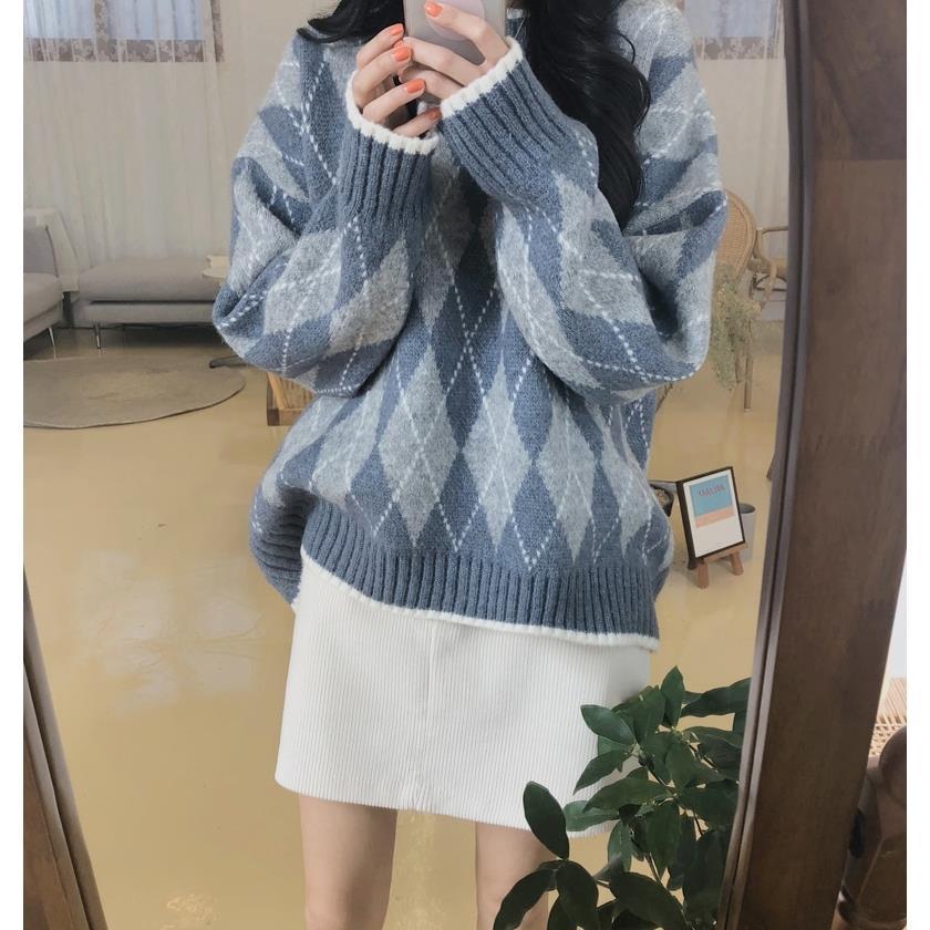 Podzim Zima Vintage Kosočtvercový Kostkovaný Svetr Dámský Hřejivý Silný Volný Pulovr Svetr Topy Spodní Prádlo / Svrchní Oblečení