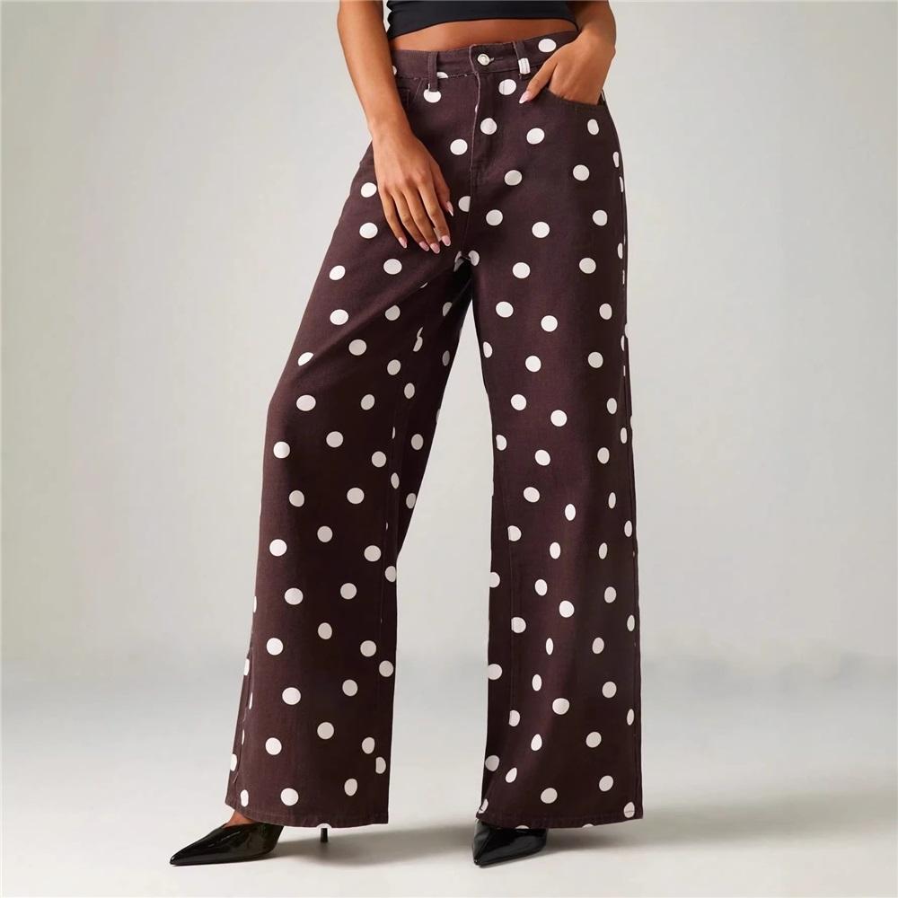 Fashionable Women s Polka Dot Loose Casual Mid-waist Denim Trousers L