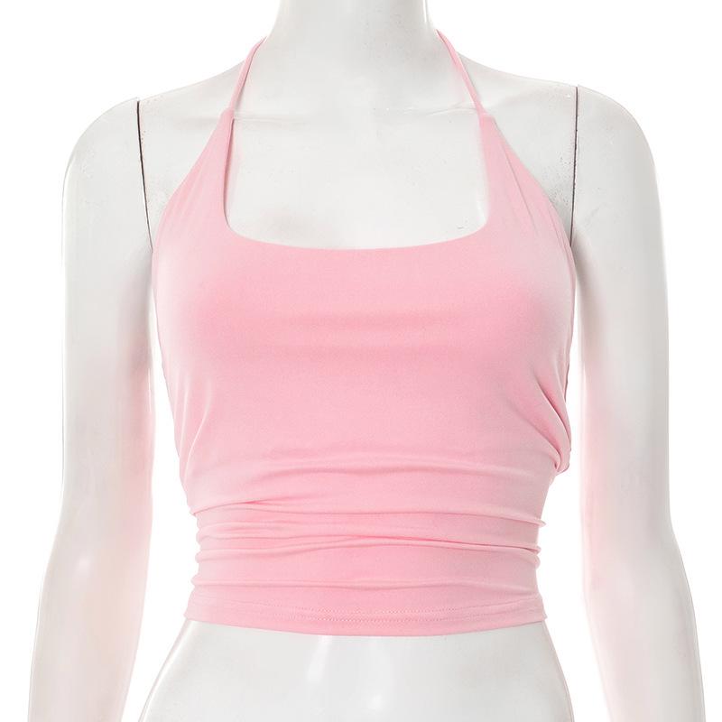 J25TP176 Street Style Solid Halter Tie Backless Camisole Crop Top for Women Large розовый