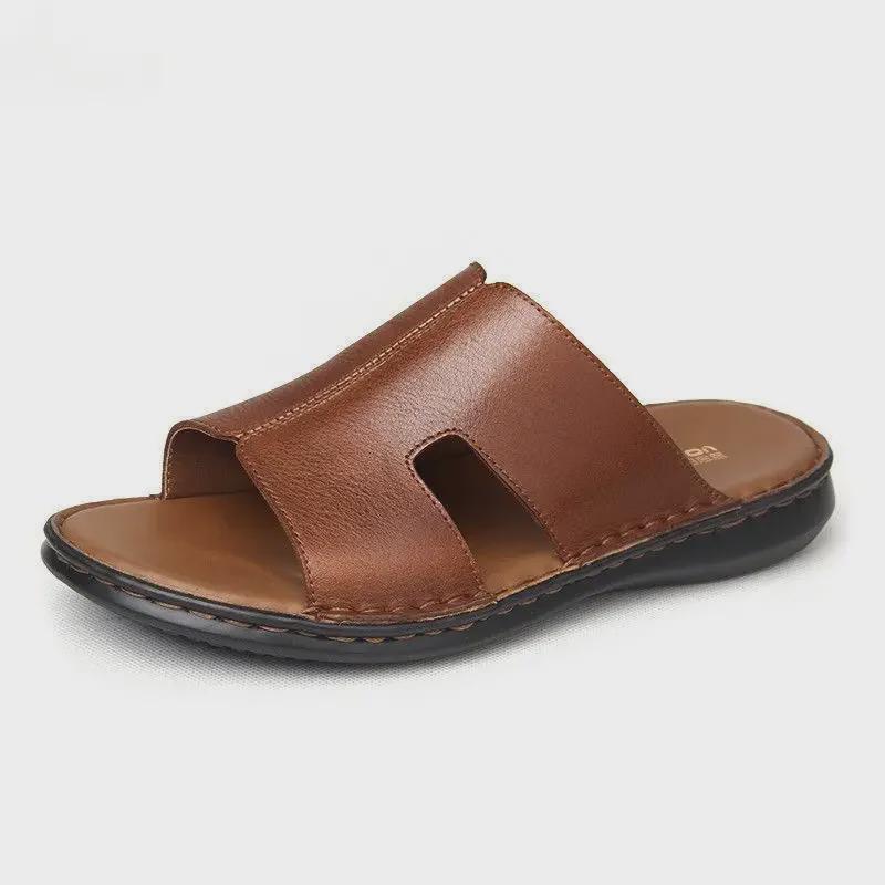 Men's Genuine Leather Summer Slippers: Handmade, Non-Slip Flip Flops with Soft Full Cowhide and Cushioning Sole.
