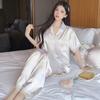Summer Gentle Lace Edge Ice Silk Pajamas Women'S Smudging Color High-Quality Short-Sleeved Trousers Loungewear Set
