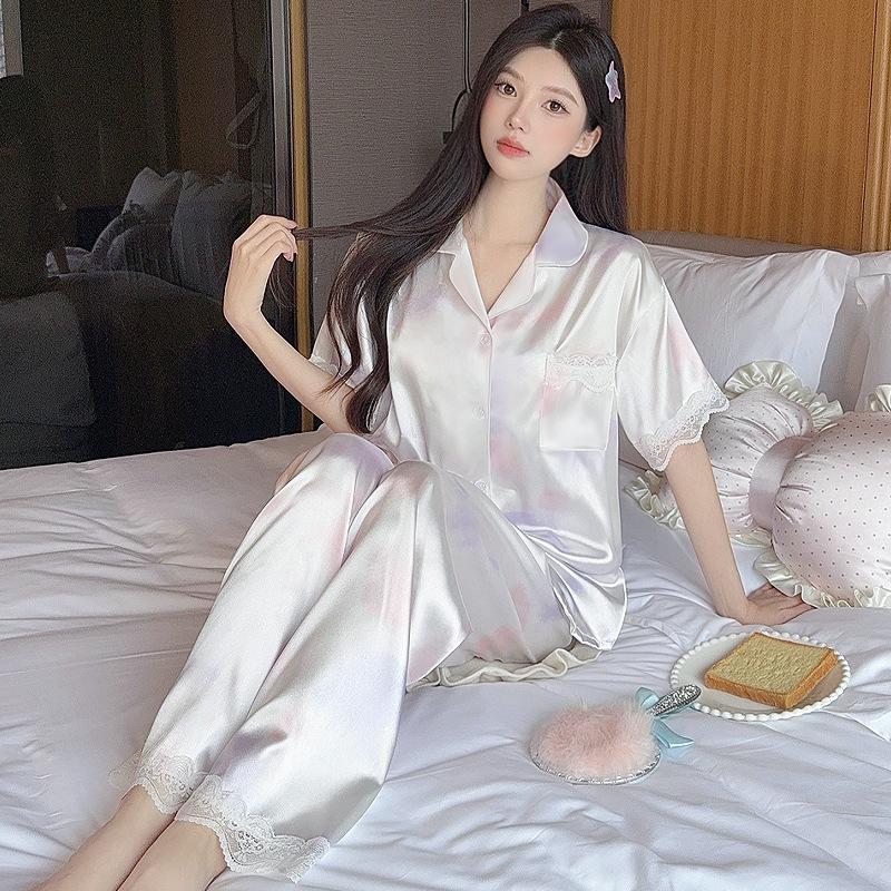 Summer Gentle Lace Edge Ice Silk Pajamas Women'S Smudging Color High-Quality Short-Sleeved Trousers Loungewear Set