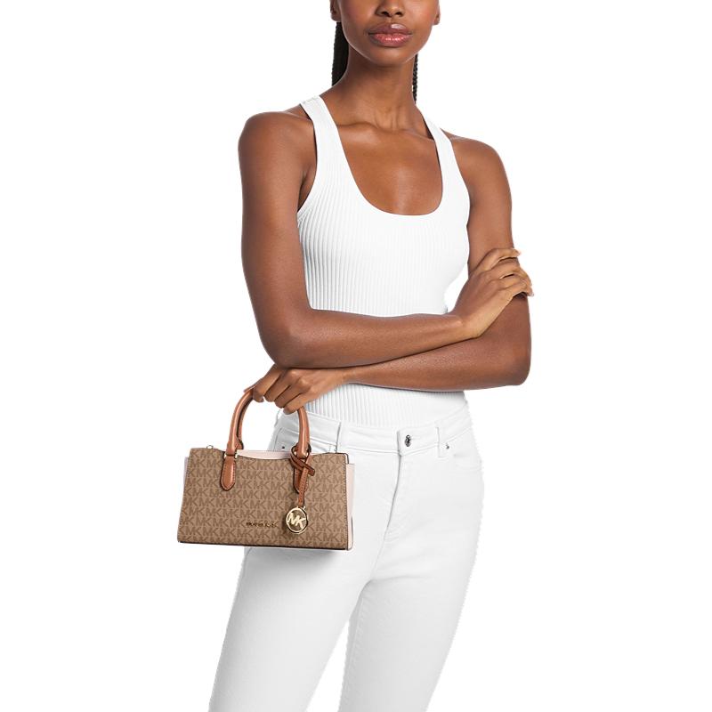 Michael Kors Mk Arden Monogram Pattern Faux Leather Tote Bag Small Women Tote Bags Camel Cream 35S6G4XM5B-260