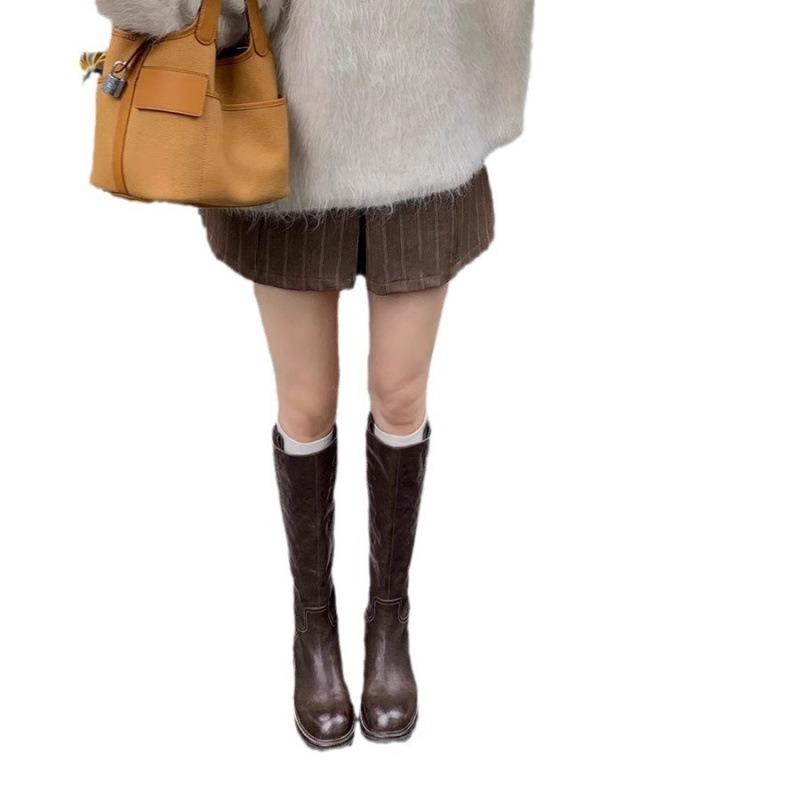 Cowhide Version~ Retro Pleated Thick-soled Long Knight Boots Women's Thin Leather High Boots