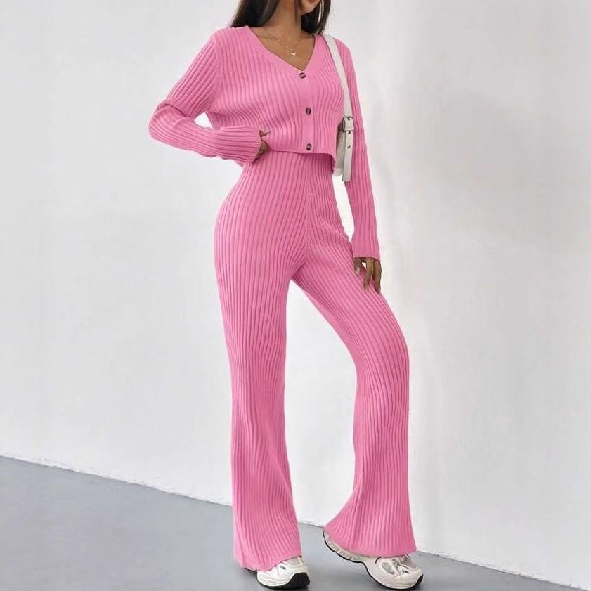 Europe, America, autumn and winter high-end women's sweater fashion wide-leg pants V-neck short knitted cardigan two-piece set