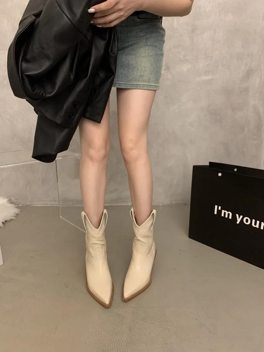 

Обувь женская 2024 Брендовые женские сапоги без застежек Модные однотонные современные сапоги женские сексуальные туфли с острым носком на квадратном каблуке до середины икры женские 40 хаки