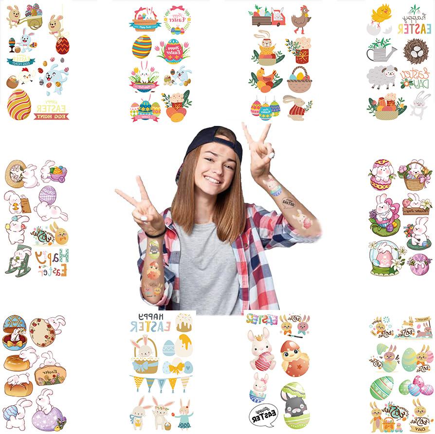 10 Sheets Easter Tattoo Stickers Egg Bunny Patterns Holiday Party Long Lasting Waterproof Temporary Tattoo Stickers