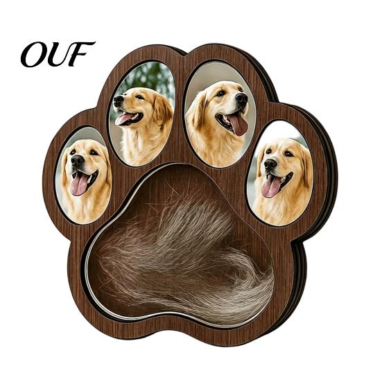Memorial Frame with Hair Storage Wooden Paw?Shaped Pet Picture Frame, Keepsake Photo Fur Memory Shadow Box Compartment, Loss Remembrance Tabletop