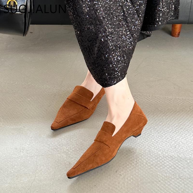 Mode SUOJIALUN 2024 Neue Marke Damen Bootsschuhe Spitze Zehenpartie Slipper Damen Elegant Einzelne Schuhe Quadratischer Niedriger Absatz Kleid Pumps Schuhe