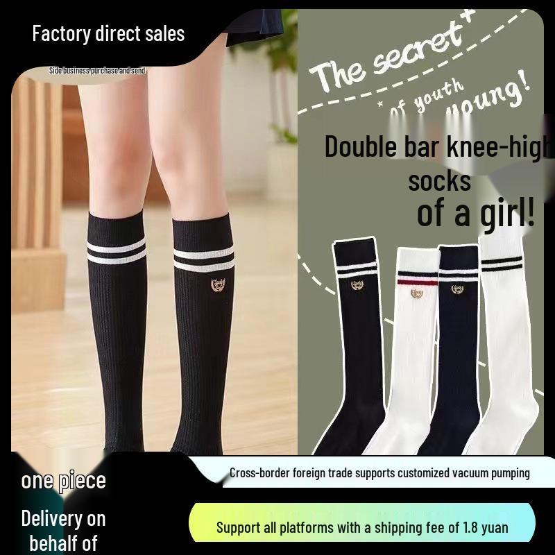 

Women s Spring & Summer Japanese-Style Double Stripe Over-the-Knee Socks - Preppy Black & White Black