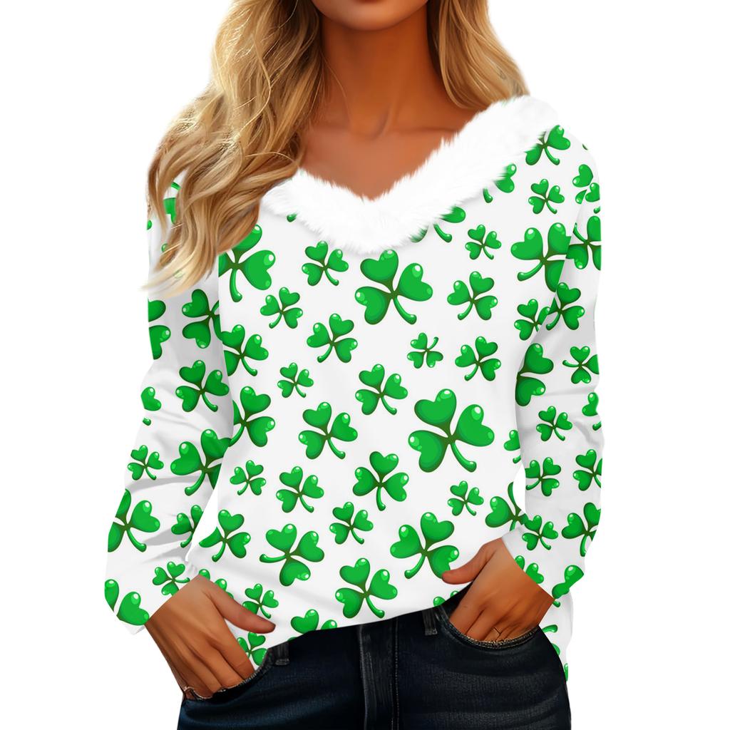 T-shirt à manches longues et col en V pour femme avec imprimé Saint Pao, décontracté et ample