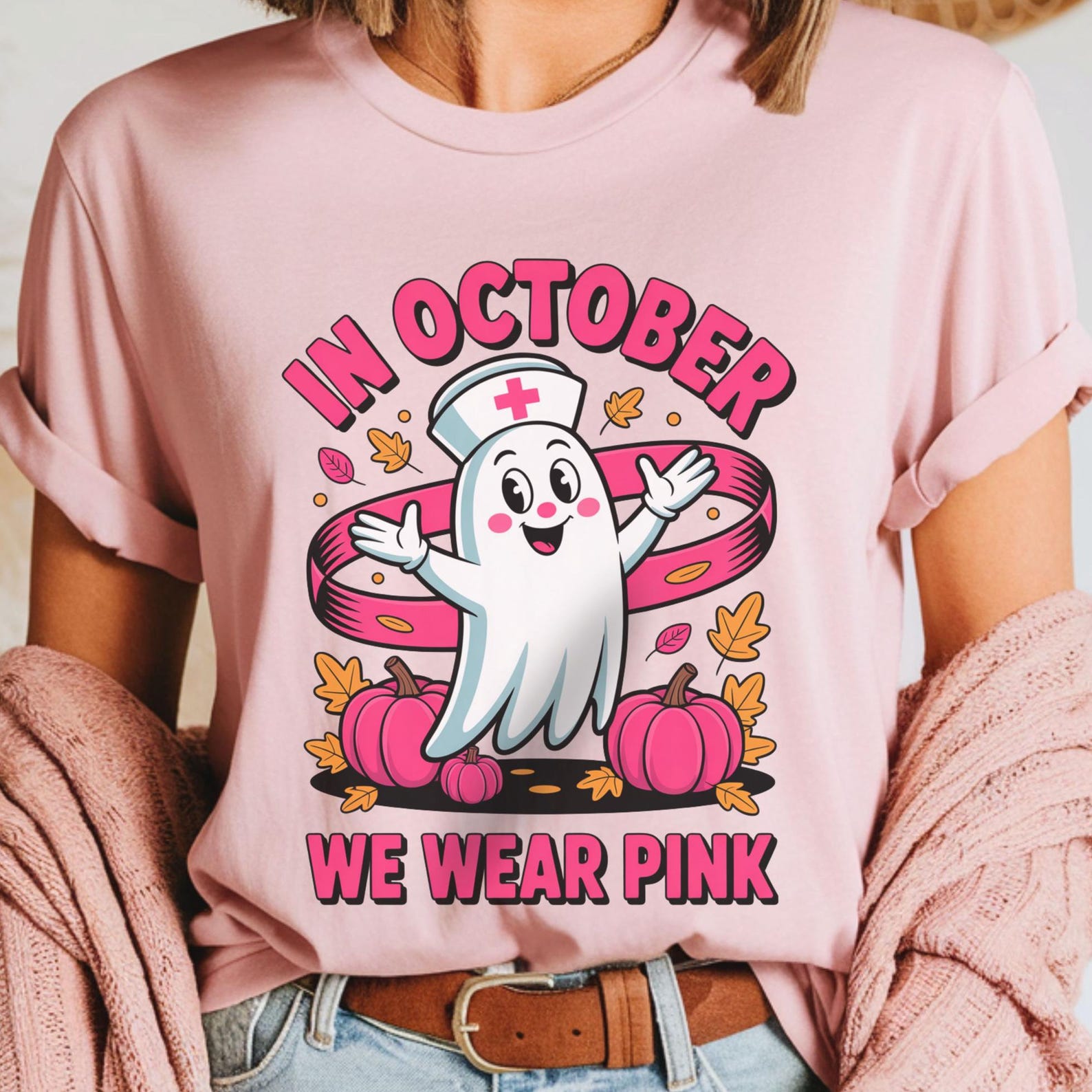 October Pink Ghost Nurse T-Shirt: Breast Cancer Awareness Halloween Tee 4XL