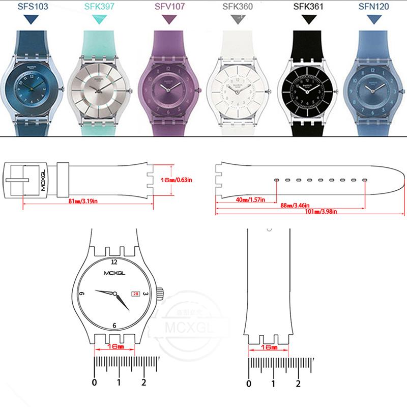 Silikonový řemínek pro Swatch SFS103 SFV107 SFN120 SFK397 SFK360 SFK361 Pásek na hodinky 16mm Dámský náramek Vodotěsné doplňky k hodinkám