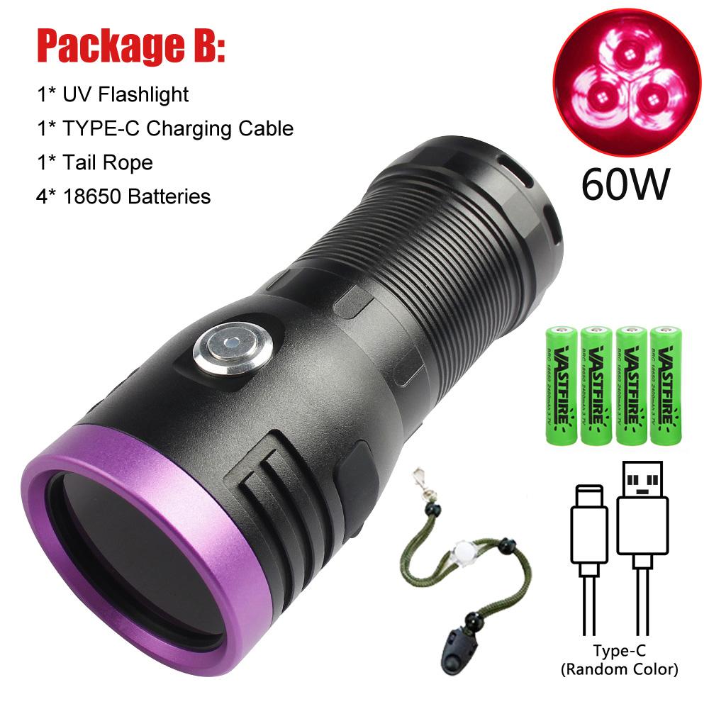 60W/80W/120W High Power UV Flashlight 3/4/6-CORE 365nm Type-C Rechargeable Black Mirror Purple Light Wood's UV Detection Lantern
