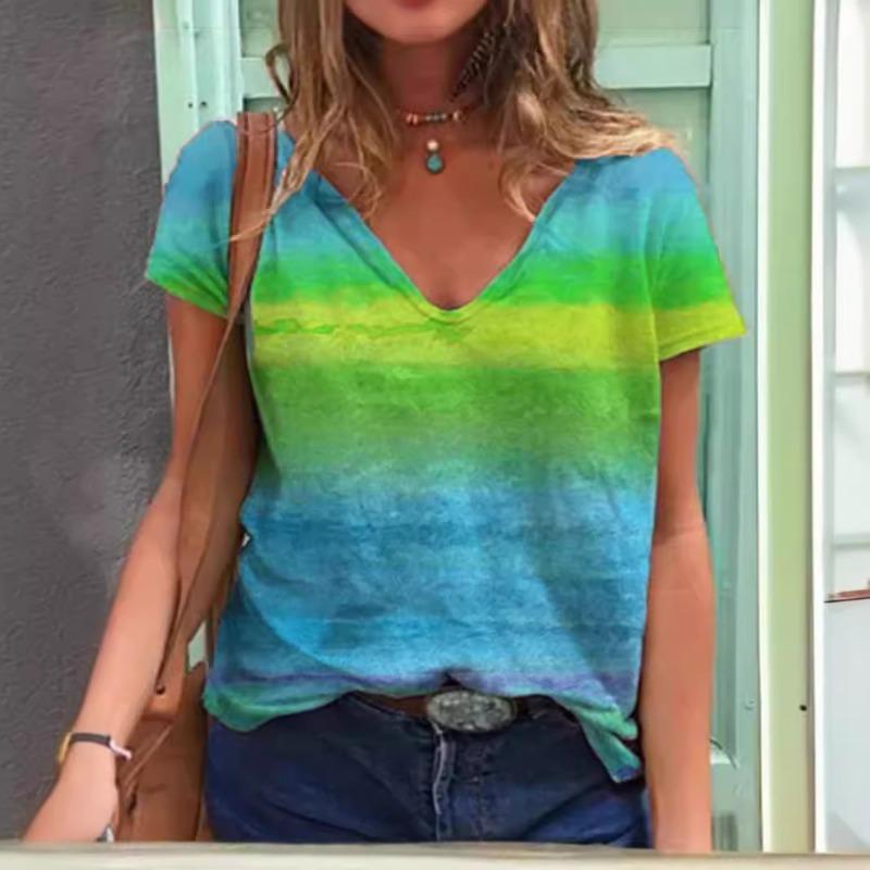 Summer Casual V-Neck Rainbow Printed Short Sleeve Women's T-Shirt Top
