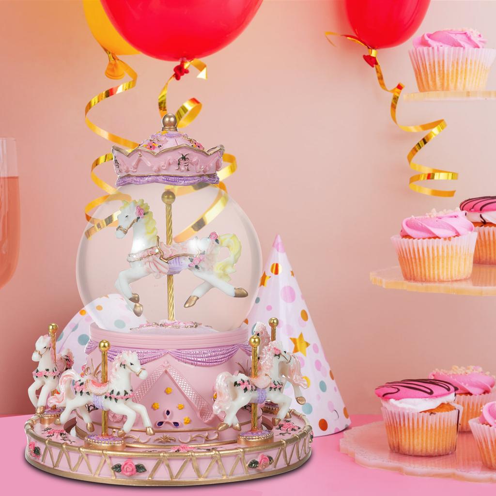 Rotating Carousel Music Box Light-up Snow Globe Wind-up Musical Box Colorful Lights Cute Little Horses Girls Festival Birthday Gift