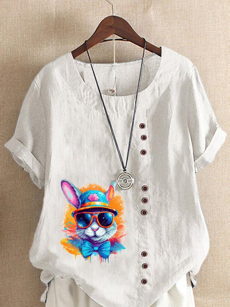 Women's Fashion Colorful Rabbit Print Shot Sleeve T-shirt Loose Cotton Shirt Casual Loose Summer Blouse Tops Plus Size