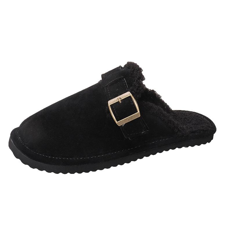 

Тапочки ретро Mao Mao Boken женские 2024 новые зимние ленивые пряжки на поясе толстая подошва одна педаль теплые хлопковые тапочки 35 чёрный