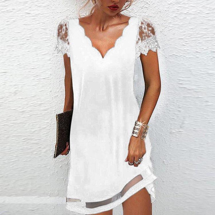 Sexy V Neck Lace Sleeves Dress Women Summer Party Dress Solid Color Short Sleeve Ladies Dress