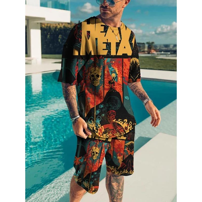 2025 Summer Sports Set 2-piece Men's 3D Color Blocked Printed Short Sleeved T-shirt Shorts Jogging Set Outdoor Street Men's Ligh