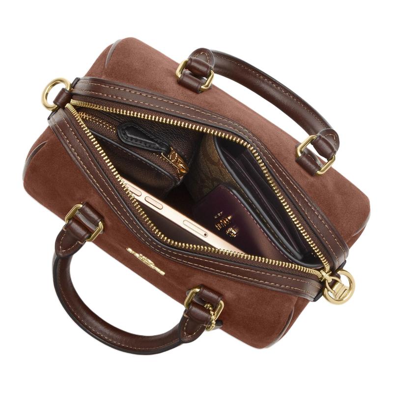 Coach Rowan 17 Logo Dorato Texture Scamosciata Pelle di Mucca Borsa da Viaggio Boston Duffel Piccola da Donna Vintage Marrone