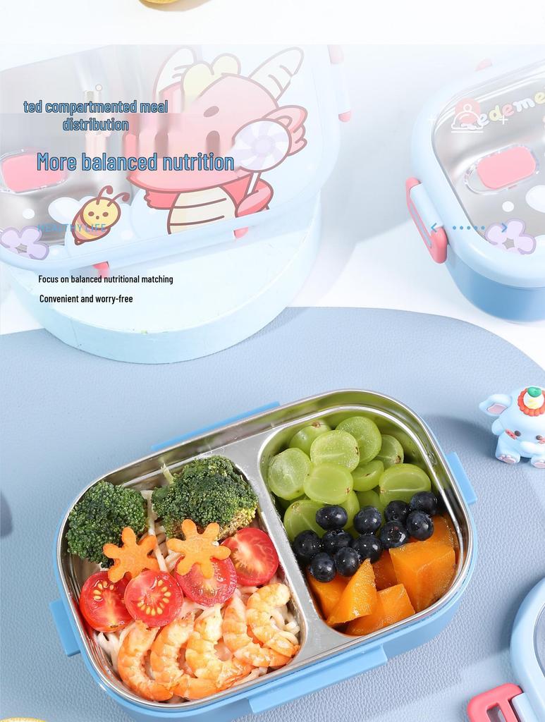 Kids' Cartoon Insulated Bento Box with Cutlery, Dual-Compartment, Food-Grade 304 Stainless Steel