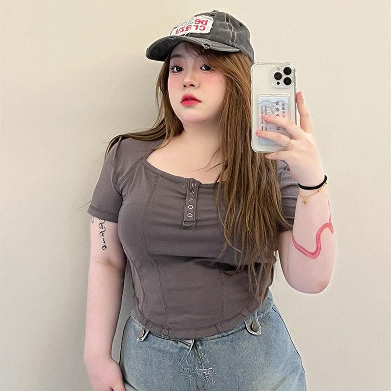 

Женская футболка с коротким рукавом большого размера, однотонная, с коротким рукавом, сексуальная тонкая модная футболка, тонкий топ 4XL серый