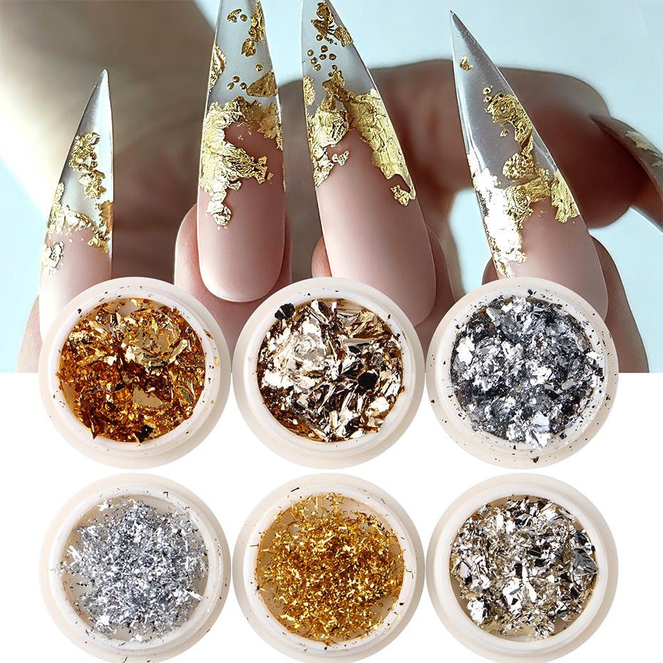 Xiaomi 6pcs Golden Silvery Metallic Nail Foil Flakes Mirror Flakes Foil Paper Glitter Nail Art Sequins Decorations Manicure Accessories