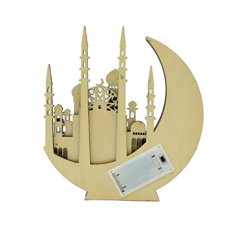 Eid Ramadans Wood Moon Castles Mosque Ornament with LED Light for Muslims Home Tabletop Decoration Festivals Party Gift